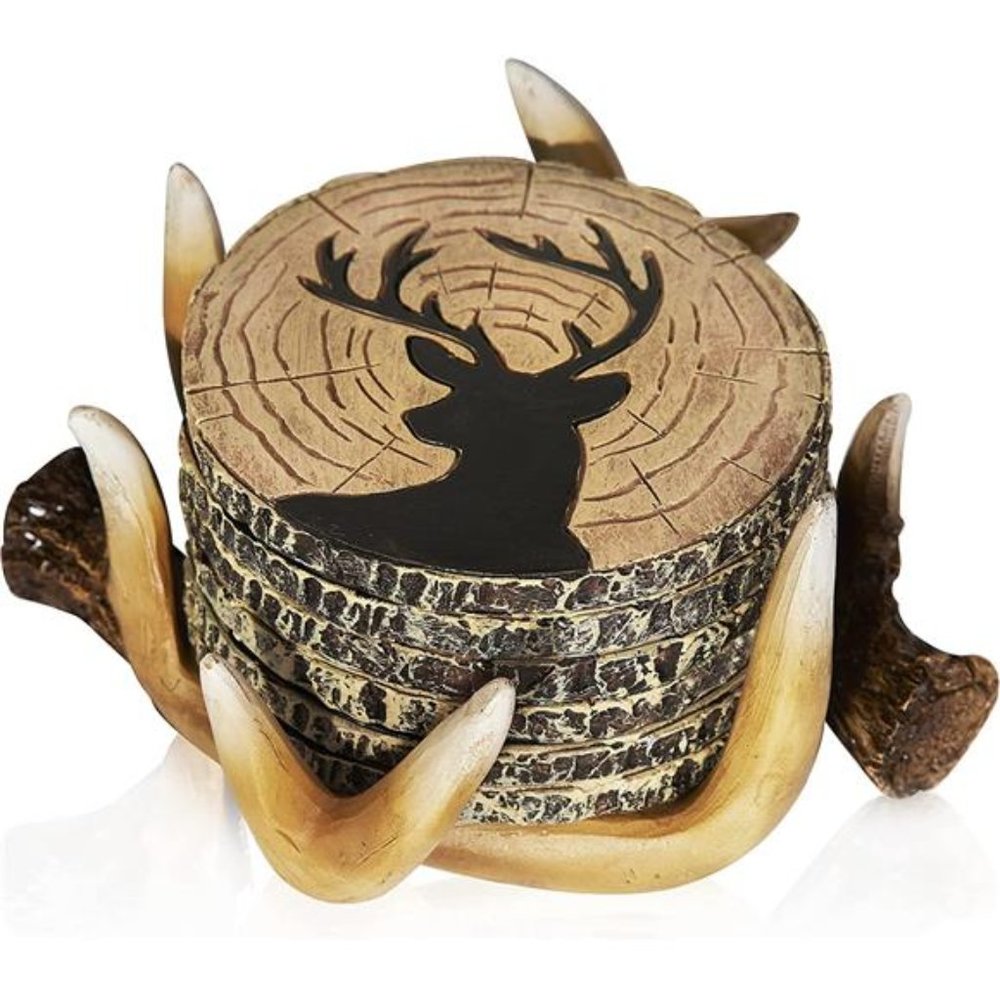 Deer Antler Coasters - 6 Full Size Rustic Coasters for Log Cabin Decor - Hunting